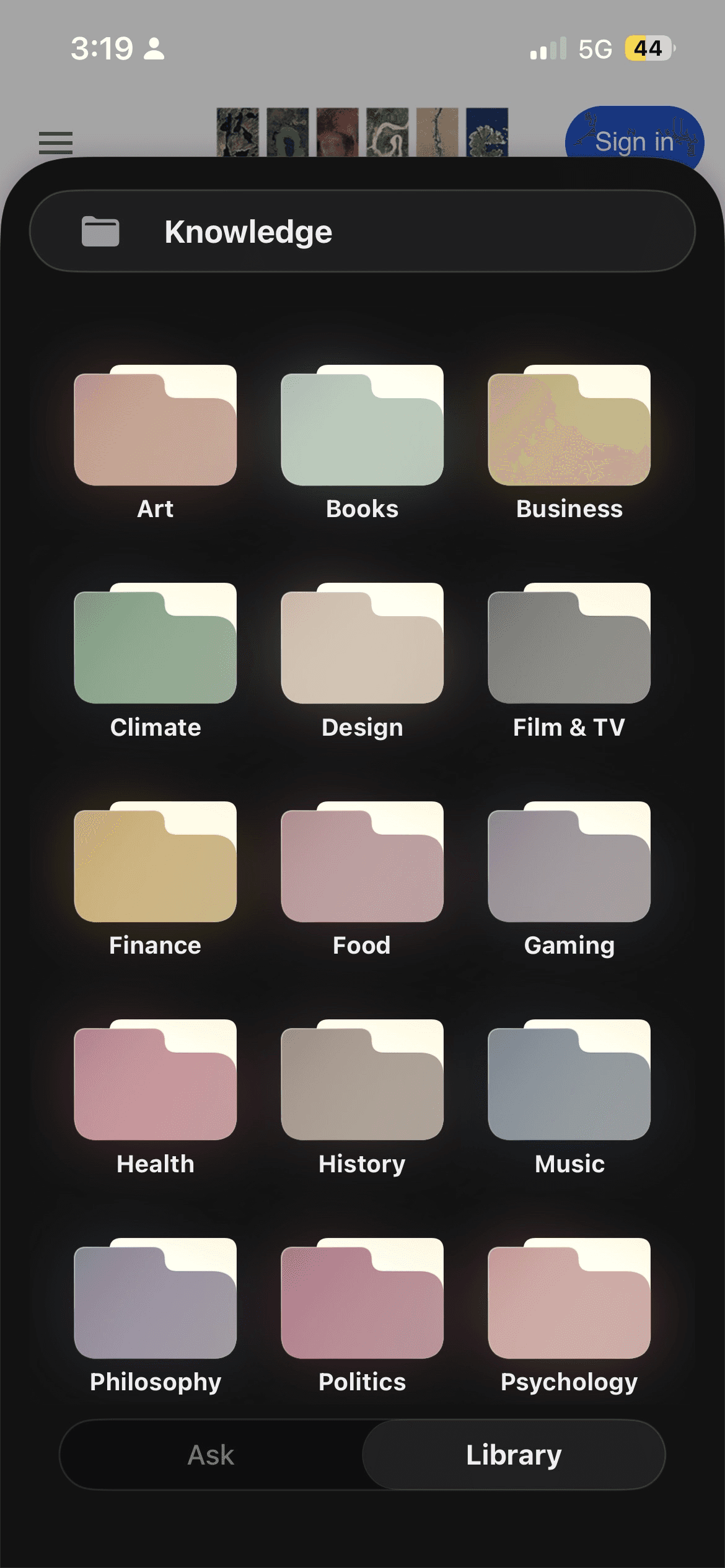 Library of coloured topic folders