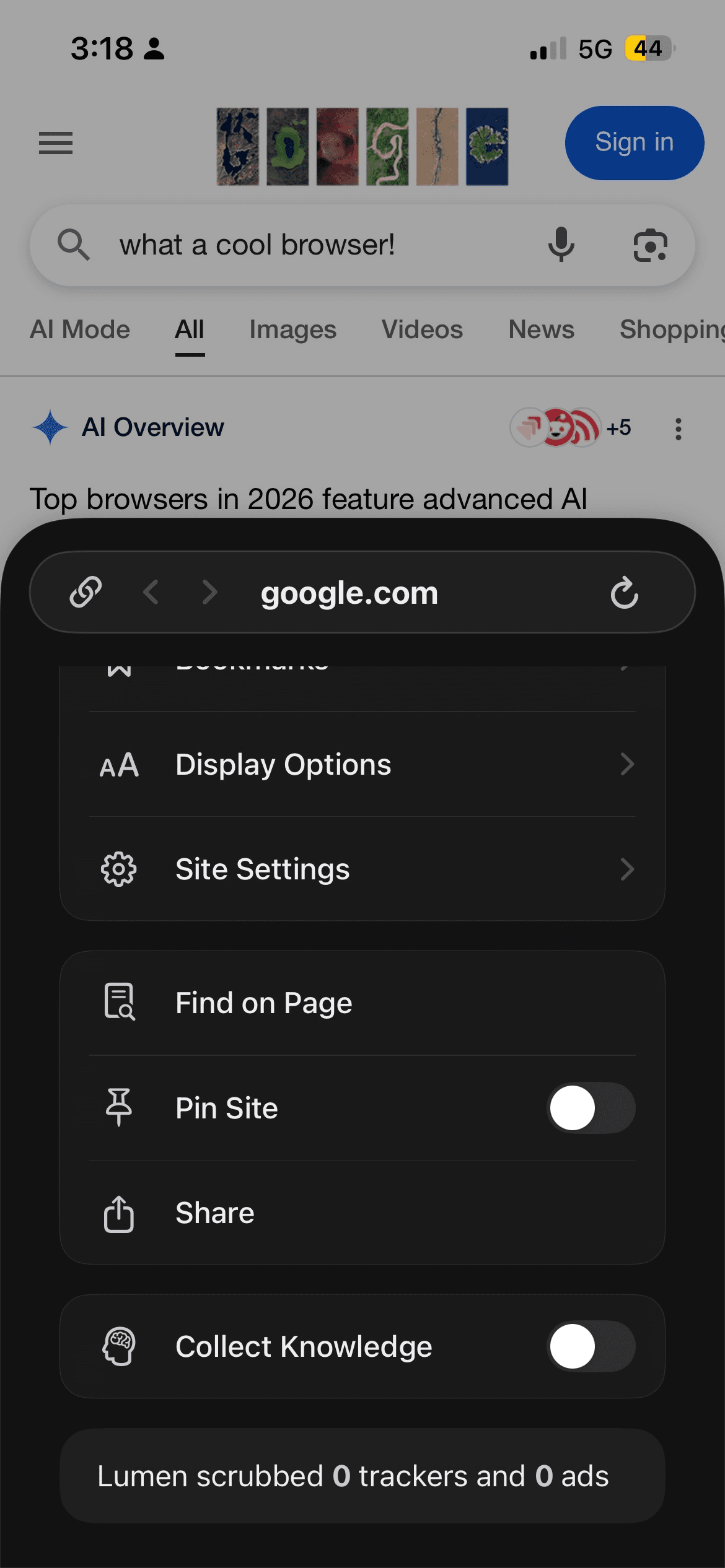 Site menu with the Collect Knowledge toggle and tracker counter